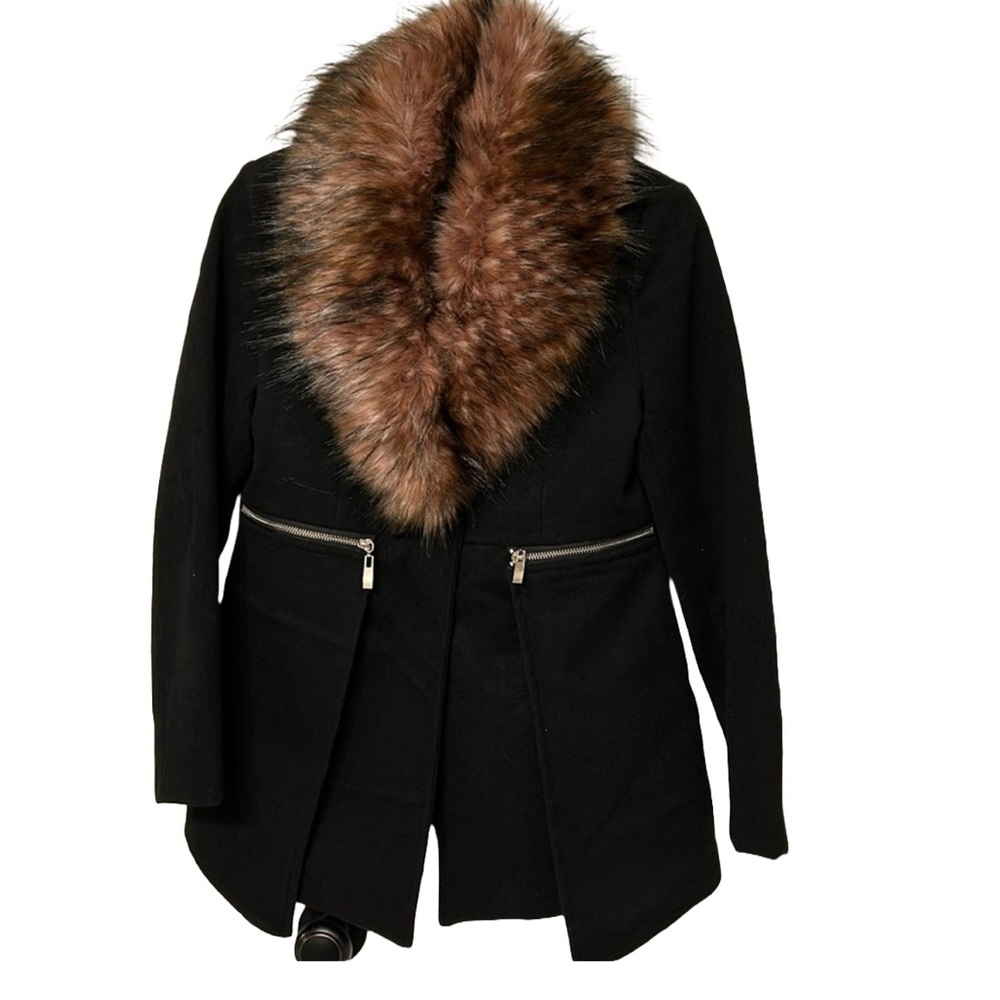 Black short fur-trimmed jacket with side zipper detail. Never worn.